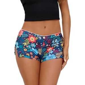 Cute Micro Pajamas Shorts Low Rise Side Slit Ruched Shorts Floral